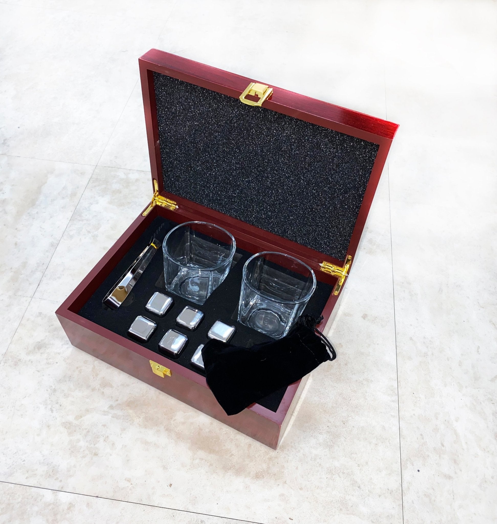 Personalized Whiskey Glasses Set Wood Box Rosewood Color Stainless Steel Ice Cube