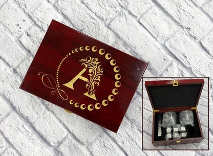 Personalized Whiskey Glasses Set Wood Box Rosewood Color Stainless Steel Ice Cube